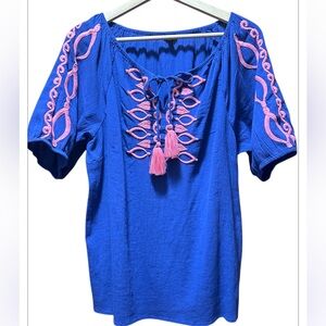 Talbots Embroidered Blue and Pink Tassels Tie Front Blouse